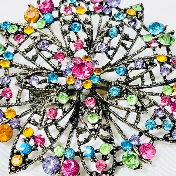 Round Flower Floral Bouquet Sash Brooch Pin Multicolor Rhinestones Bronze Toned - Picture 7 of 8